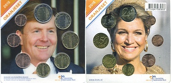 Нидерланды евронабор из 8 монет 2015 официальный набор, король Вильям-Александр, в оригинальном буклете, запайка  биметалл  UNC  7-5-6-25