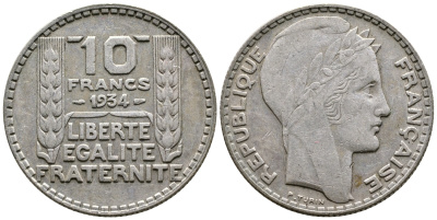 Франция 10 франков 1931 Пьер Тюрен KM 878, Le Franc 360.4 серебро 4683-845