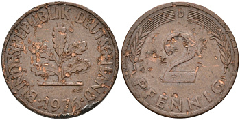 ФРГ 2 пфеннига 1976 D KM 106а сталь плакированная медью 4580-357