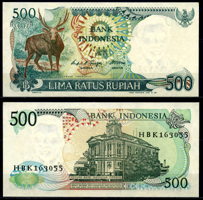 Индонезия 500 рупий 1988 Тиморский олень Pick 123а бумага UNC (пресс) 446-26-8-3