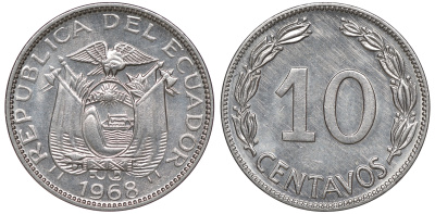 Эквадор 10 сентаво 1968 KM 76c сталь плакированная никелем UNC 4606-315