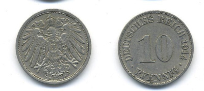 ГЕРМАНИЯ 10 ПФЕННИГОВ 1914 A KM 12, J. 13 медно-никель 58-415