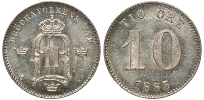 Швеция 10 эре 1883 EB, Оскар II (1872-1907) король Швеции и Норвегии KM 755 серебро aUNC 4179-633
