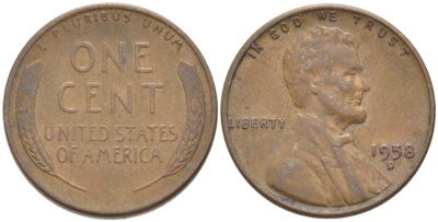 США 1 ЦЕНТ 1958 D, ЛИНКОЛЬН KM А132 медь цинк 218-736