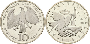 ФРГ 10 марок 1998 D, 350 лет Вестфальскому мирному договору KM 191 серебро UNC 11-222-34