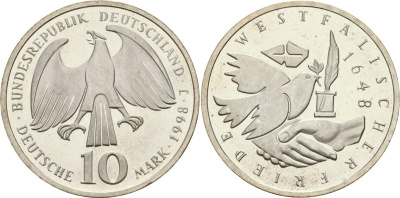 ФРГ 10 марок 1998 D, 350 лет Вестфальскому мирному договору KM 191 серебро UNC 11-222-34