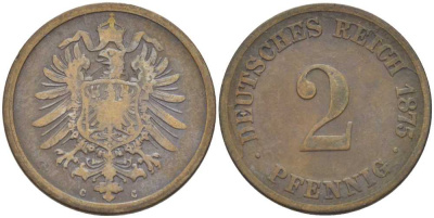 ГЕРМАНИЯ 2 ПФЕННИГА 1875 С, СТАРОГЕРБОВКА KM 2, J. 2, Weege 3 медь 212-515