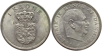 Дания 1 крона 1962 C; S, Фредерик IX (1947-1972) KM 851 медно-никель 4398-1032