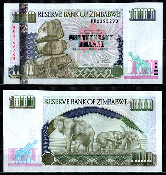 Зимбабве 1000 долларов 2003 слоны, малые цифры Pick 12 b  бумага  UNC (пресс) 449-109-3
