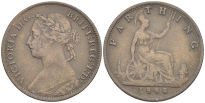 Великобритания 1 фартинг 1888 Виктория (1837-1901) KM 753, Spink 3958 бронза 4543-923