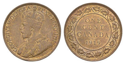 Канада 1 цент 1919 Георг V (1910-1936) KM 21 бронза 4637-813