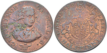 Великобритания 1/2 пенни 1794 ТОКЕ, LONDON AND MIDDLESEX PRINCE OF WALES Dalton/Hamer 352a медь VF 1518-1434