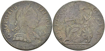 Великобритания 1/2 пенни 1775 Георг III (1760-1820) KM 601, Spink 3774 медь 00-00