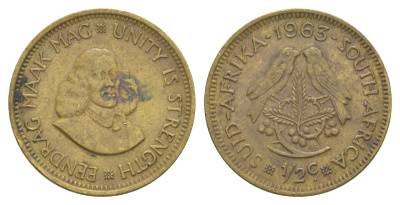 ЮАР 1/2 цента 1963 Ян ван Рибек KM 56 латунь 4603-422