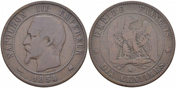 Франция 10 сантимов 1854 K, Наполеон III (1852-1870) KM 771.5 бронза 3460-933