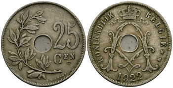 Бельгия 25 сантимов 1922 Belgie, Альберт I (1909-1934) KM 69 медно-никель 4165-836