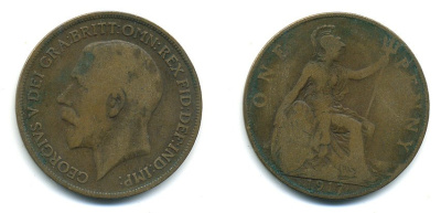 Великобритания 1 пенни 1917 Георг V (1910-1936) КМ 810, Spink 4051 бронза 4110-145