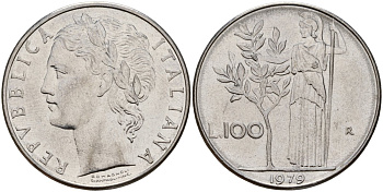 Италия 100 лир 1979 R, Афина в доспехах KM 96.1 нержавеющая сталь 4149-1232