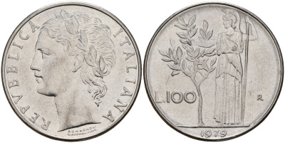 Италия 100 лир 1979 R, Афина в доспехах KM 96.1 нержавеющая сталь 4149-1232