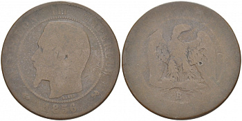 Франция 10 сантимов 1856 B, Наполеон III (1852-1870) KM 771.2, Le Franc 133.33 бронза 3457-416