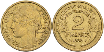 Франция 2 франка 1938 тип Морлон KM 886, Le Franc 268.11 алюминиевая бронза 3460-542