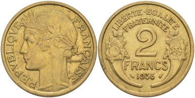 Франция 2 франка 1938 тип Морлон KM 886, Le Franc 268.11 алюминиевая бронза 3460-542