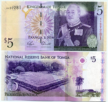 Тонга 5 паанга ND (2009) король Тупоу VI, пирамиды Тонгатапу Pick 39 (1)  бумага UNC (пресс) 449-24-1