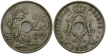 Бельгия 25 сантимов 1922 Belgie, Альберт I (1909-1934) KM 69 медно-никель 4165-824