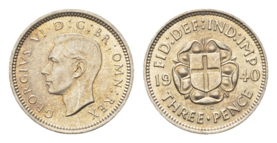Великобритания 3 пенса 1940 Георг VI (1936-1952) KM 848, Spink 4085 серебро aUNC 4567-341