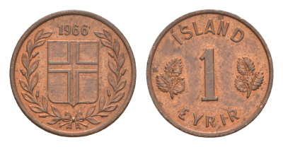 Исландия 1 эйре 1966 KM 8 бронза UNC 4632-928