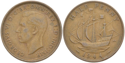 Великобритания 1/2 пенни 1944 Георг VI (1936-1952) KM 844, Spink 4115 бронза    4603-1024