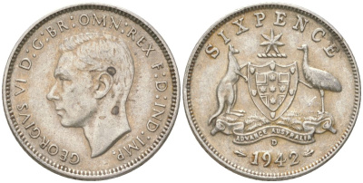 Австралия 6 пенсов 1942 D, Георг V (1936-1952) KM 38 серебро 4623-227