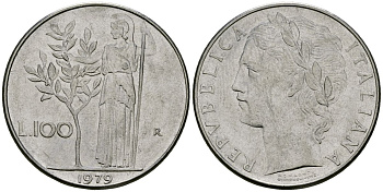 Италия 100 лир 1979 R, Афина в доспехах KM 96.1 нержавеющая сталь 4165-1033