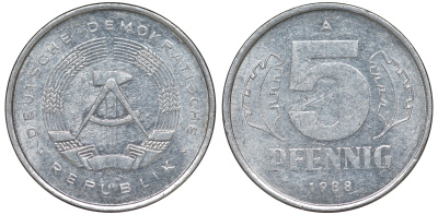 ГДР 5 ПФЕННИГОВ 1988 А алюминий 62-537