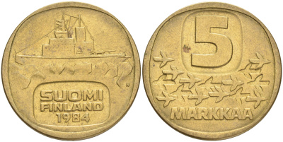ФИНЛЯНДИЯ 5 МАРОК 1984 N ЛЕДОКОЛ KM 57 алюминиевая бронза 4556-925