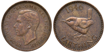 Великобритания 1 фартинг 1946 Георг VI (1936-1952) KM 843, Spink 4116 бронза 4122-712