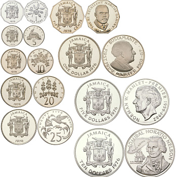 Ямайка полный набор из 9 монет (1, 5, 10, 20, 25 и 50 центов; 1, 5 и 10 долларов) 1976 Первый министр Ямайки - Норман Мэнли и Адмирал Горацио Нельсон KM 53, 54, 55, 56, 57, 62a, 68, 70 и 71a серебро и другие металлы PROOF 5-4-4-03