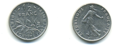 ФРАНЦИЯ 1/2 ФРАНКА 1969 KM 931.1 никель 80-868
