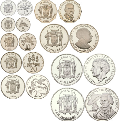 Ямайка полный набор из 9 монет (1, 5, 10, 20, 25 и 50 центов; 1, 5 и 10 долларов) 1976 Первый министр Ямайки - Норман Мэнли и Адмирал Горацио Нельсон KM 53, 54, 55, 56, 57, 62a, 68, 70 и 71a серебро и другие металлы PROOF 5-4-4-03
