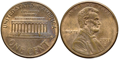 США 1 ЦЕНТ 2003 D, ЛИНКОЛЬН KM 201b цинк плакированный медью 4396-466