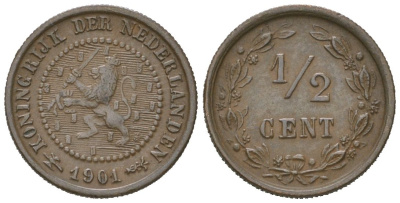 Нидерланды 1/2 цента 1901 Вильгельмина (1890-1948) KM 109 бронза 4174-854