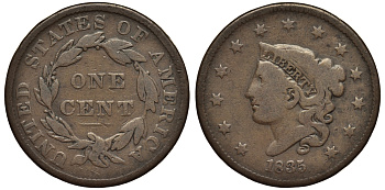 США 1 цент 1835 большой формат, coronet  медь 1530-312