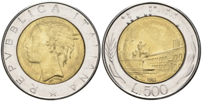 Италия 500 лир 1983 R KM 111 биметалл UNC 76-723