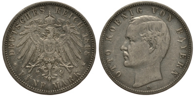 Бавария 5 марок 1898 D, Отто (1886-1913) Weege 47, J. 46, KM 512.1 серебро 3711-1423