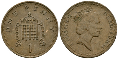 Великобритания 1 пенни 1986 Елизавета II (1952-2022) KM 935, Spink 4381 (B3) бронза 4167-1231