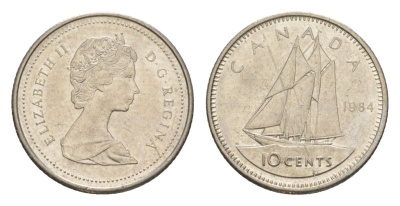 Канада 10 центов 1984 Елизавета II (1952-2022), парусник KM 77 никель 4630-834