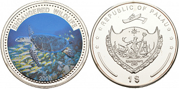 Палау 1 доллар 2008 серия вымирающие виды, морская черепаха Бисса, цветная эмаль KM 165 медно-никель PROOF M39-4