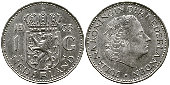 Нидерланды 1 гульден 1968 Юлиана (1948-1980) KM 184a никель 3461-152
