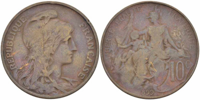 ФРАНЦИЯ 10 САНТИМОВ 1899 ТИП ДАНИЭЛЬ ДЮПЮИ KM 843, LA FRANC 136.8 бронза 109-131