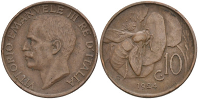 Италия 10 чентезимо 1924 R, пчела, Виктор Эммануил (1900-1946) KM 60 медь 4116-1251